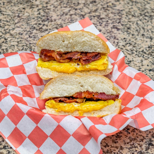 Beef Bacon, Egg, & Cheese Sandwich.