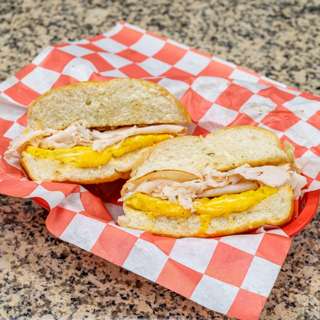 Sliced Turkey, Egg, & Cheese Sandwich.